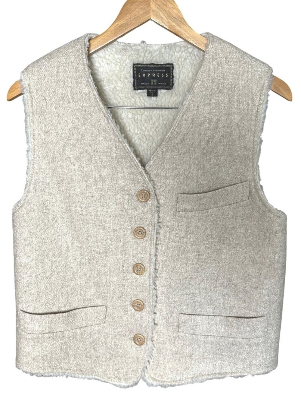 Vintage Express Wool Vest Small Cream Sherpa Lined Button Front Pocket USA Made